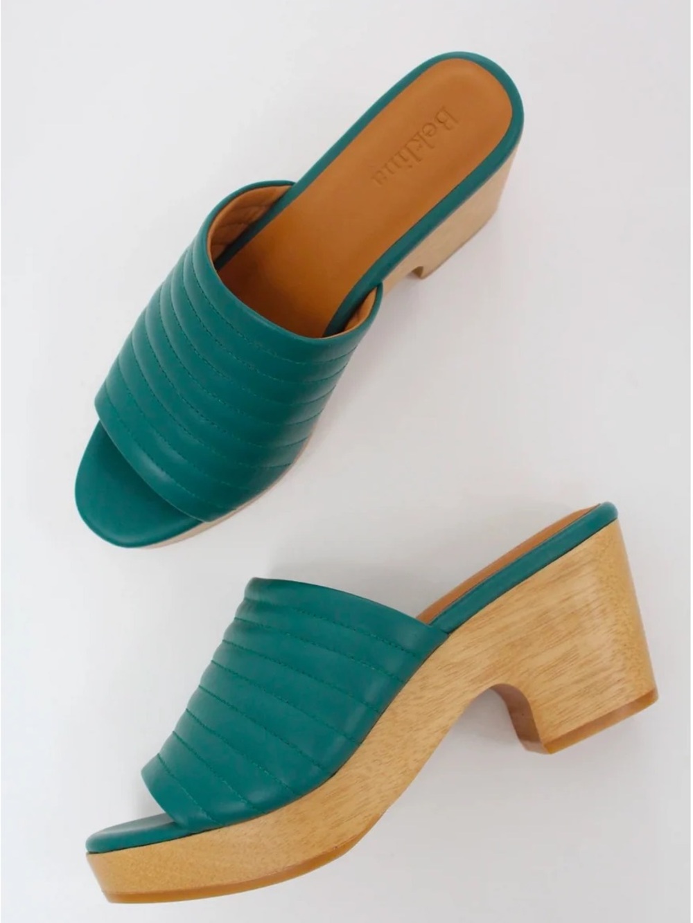 Beklina Teal Quilted Slide Mules with Wooden Block Heel